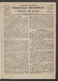 Gr&uuml;nberger Wochenblatt: Zeitung f&uuml;r Stadt und Land, No. 40. (21. Mai 1863)