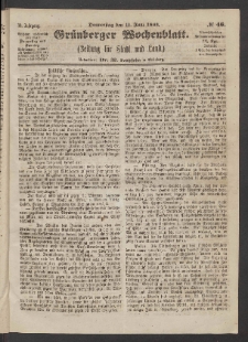 Gr&uuml;nberger Wochenblatt: Zeitung f&uuml;r Stadt und Land, No. 46. (11. Juni 1863)