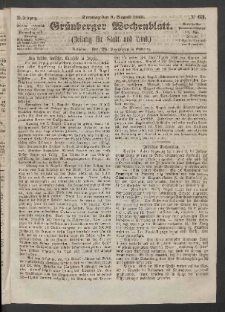 Gr&uuml;nberger Wochenblatt: Zeitung f&uuml;r Stadt und Land, No. 63. (9. August 1863)