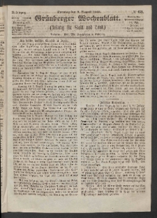 Grünberger Wochenblatt: Zeitung für Stadt und Land, No. 63. (9. August 1863)