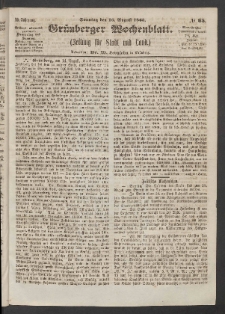 Gr&uuml;nberger Wochenblatt: Zeitung f&uuml;r Stadt und Land, No. 65. (16. August 1863)
