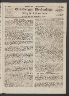 Gr&uuml;nberger Wochenblatt: Zeitung f&uuml;r Stadt und Land, No. 67. (23. August 1863)