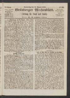 Grünberger Wochenblatt: Zeitung für Stadt und Land, No. 68. (27. August 1863)