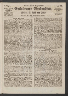 Grünberger Wochenblatt: Zeitung für Stadt und Land, No. 69. (30. August 1863)