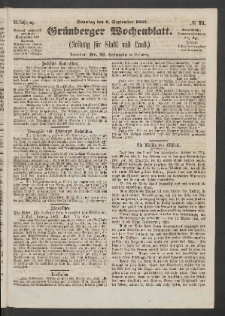 Grünberger Wochenblatt: Zeitung für Stadt und Land, No. 71. (6. September 1863)