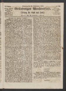 Grünberger Wochenblatt: Zeitung für Stadt und Land, No. 75. (20. September 1863)