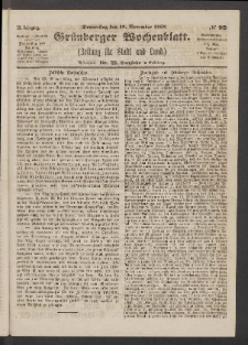 Grünberger Wochenblatt: Zeitung für Stadt und Land, No. 92. (19. November 1863)