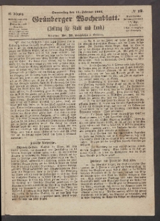 Grünberger Wochenblatt: Zeitung für Stadt und Land, No. 12. (11. Februar 1864)