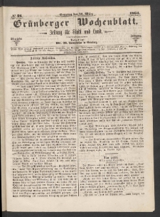 Grünberger Wochenblatt: Zeitung für Stadt und Land, No. 21. (13. März 1864)