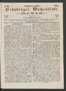 Gr&uuml;nberger Wochenblatt: Zeitung f&uuml;r Stadt und Land, No. 22. (17. M&auml;rz 1864)