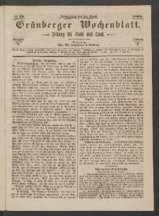 Grünberger Wochenblatt: Zeitung für Stadt und Land, No. 29. (14. April 1864)