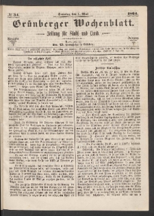 Grünberger Wochenblatt: Zeitung für Stadt und Land, No. 34. (1. Mai 1864)