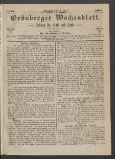 Gr&uuml;nberger Wochenblatt: Zeitung f&uuml;r Stadt und Land, No. 48. (19. Juni 1864)