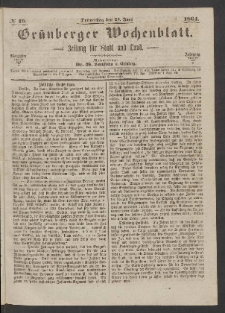 Grünberger Wochenblatt: Zeitung für Stadt und Land, No. 49. (23. Juni 1864)