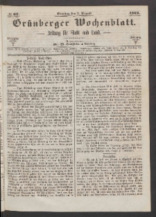 Grünberger Wochenblatt: Zeitung für Stadt und Land, No. 62. (7. August 1864)