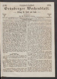 Grünberger Wochenblatt: Zeitung für Stadt und Land, No. 63. (11. August 1864)