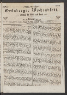 Grünberger Wochenblatt: Zeitung für Stadt und Land, No. 64. (14. August 1864)