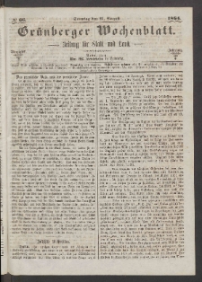 Grünberger Wochenblatt: Zeitung für Stadt und Land, No. 66. (21. August 1864)