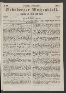 Grünberger Wochenblatt: Zeitung für Stadt und Land, No. 67. (25. August 1864)