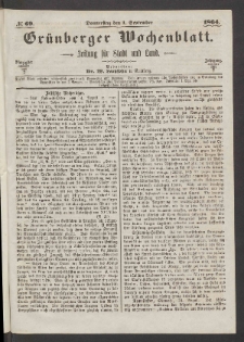 Grünberger Wochenblatt: Zeitung für Stadt und Land, No. 69. (1. September 1864)