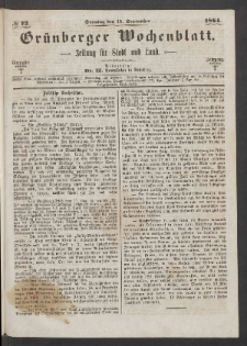 Grünberger Wochenblatt: Zeitung für Stadt und Land, No. 72. (11. September 1864)