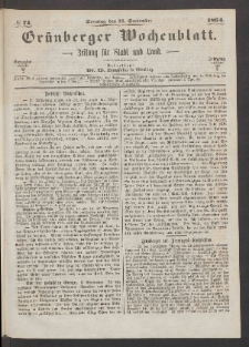 Grünberger Wochenblatt: Zeitung für Stadt und Land, No. 74. (18. September 1864)