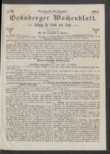 Grünberger Wochenblatt: Zeitung für Stadt und Land, No. 76. (25. September 1864)