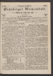 Grünberger Wochenblatt: Zeitung für Stadt und Land, No. 92. (20. November 1864)