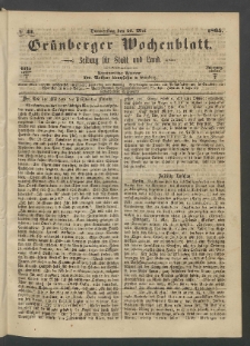 Grünberger Wochenblatt: Zeitung für Stadt und Land, No. 41. (26. Mai 1865)