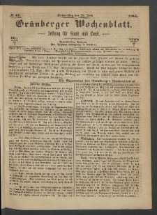 Grünberger Wochenblatt: Zeitung für Stadt und Land, No. 51. (29. Juni 1865)