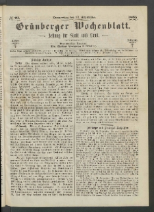 Grünberger Wochenblatt: Zeitung für Stadt und Land, No. 73. (14. September 1865)
