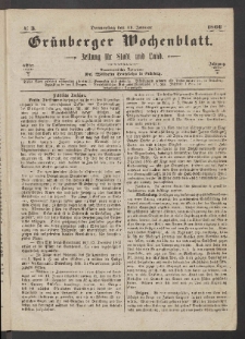 Grünberger Wochenblatt: Zeitung für Stadt und Land, No. 3. (11. Januar 1866)