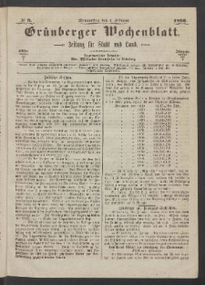 Grünberger Wochenblatt: Zeitung für Stadt und Land, No. 9. (1. Februar 1866)