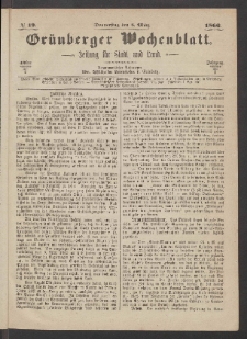 Grünberger Wochenblatt: Zeitung für Stadt und Land, No. 19. (8. März 1866)