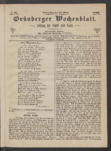 Grünberger Wochenblatt: Zeitung für Stadt und Land, No. 21. (15. März 1866)