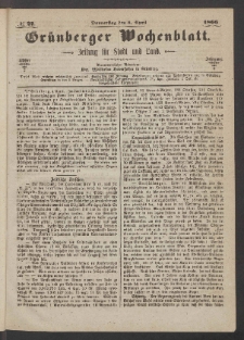 Grünberger Wochenblatt: Zeitung für Stadt und Land, No. 27. (5. April 1866)