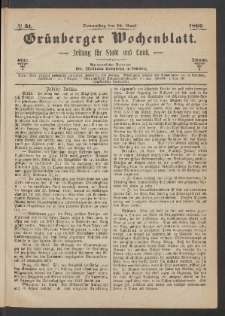 Grünberger Wochenblatt: Zeitung für Stadt und Land, No. 31. (19. April 1866)