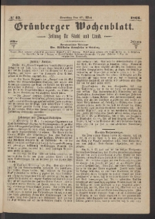 Grünberger Wochenblatt: Zeitung für Stadt und Land, No. 42. (27. Mai 1866)