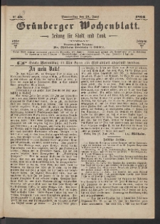 Grünberger Wochenblatt: Zeitung für Stadt und Land, No. 48. [właśc. 49] (21. Juni 1866)