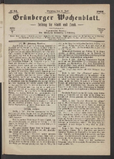 Grünberger Wochenblatt: Zeitung für Stadt und Land, No. 54. (8. Juli 1866)