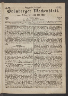 Grünberger Wochenblatt: Zeitung für Stadt und Land, No. 66. (19. August 1866)