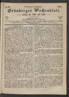 Grünberger Wochenblatt: Zeitung für Stadt und Land, No. 70. (2. September 1866)