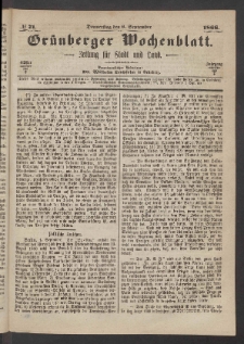Grünberger Wochenblatt: Zeitung für Stadt und Land, No. 71. (6. September 1866)