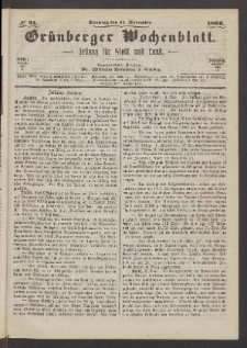 Gr&uuml;nberger Wochenblatt: Zeitung f&uuml;r Stadt und Land, No. 91. (11. November 1866)