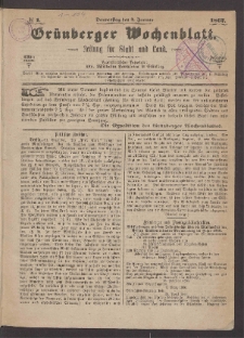 Gr&uuml;nberger Wochenblatt: Zeitung f&uuml;r Stadt und Land, No. 1. (3. Januar 1867)