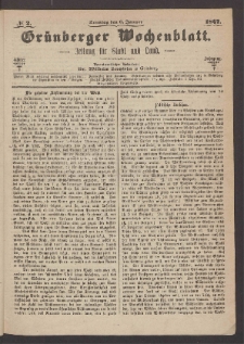 Gr&uuml;nberger Wochenblatt: Zeitung f&uuml;r Stadt und Land, No. 2. (6. Januar 1867)