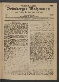 Gr&uuml;nberger Wochenblatt: Zeitung f&uuml;r Stadt und Land, No. 13. (14. Februar 1867)
