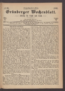 Grünberger Wochenblatt: Zeitung für Stadt und Land, No. 19. (7. März 1867)