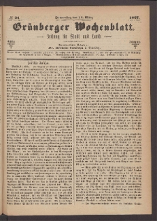 Grünberger Wochenblatt: Zeitung für Stadt und Land, No. 21. (14. März 1867)