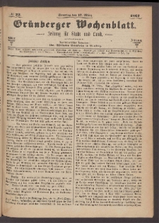 Grünberger Wochenblatt: Zeitung für Stadt und Land, No. 22. (17. März 1867)